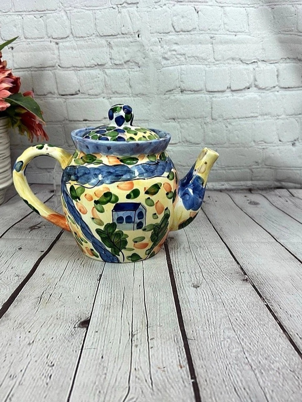 bella casa Ganz Floral cottage Ceramic Teapot hand painted mediterranean tuscan